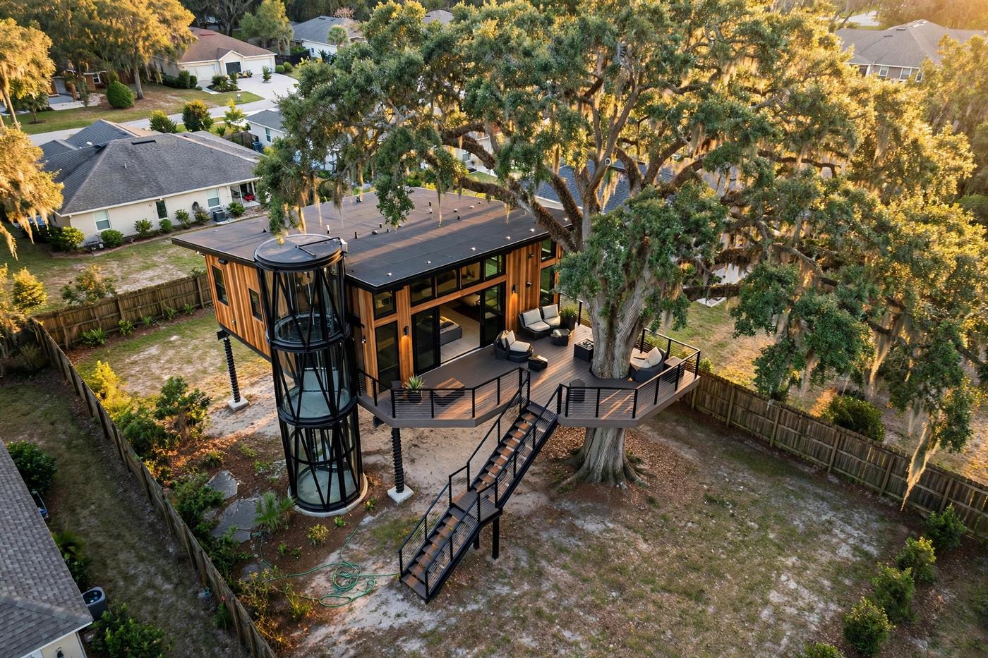 Treetop Lodge bird's eye aerial view